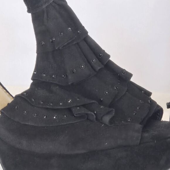 Gianni Bini Aimee Black Suede Women 9.5M Rhinestone Ruffle Top Open Toe Heels - Picture 2 of 9
